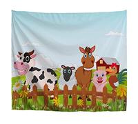 A.Monamour Tapisseries Heureux Ferme Animal Collection De Bande Dessinée Collection Vache Porc Mouton Cheval Dinde pour Enfants Imprimer Textile Tissu Tenture Murale Tapisserie Murale Rideau