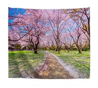 A.Monamour Tapisseries Passerelle sous Rose Fleur De Cerisier Arbre Parc Nature Paysage Image Imprimer Tissu Tenture Murale Tapisserie Art Mural Décors Tissu De Tissu Couvre-Lit Drap De Lit