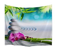 A.Monamour Tapisseries Yoga Méditation Zen Plantes Vertes Fleur D'Orchidée Roches Pierres Sable Blanc Paysages Naturels Impression Mur Tapisserie Décorations Murales Art Décors Pour Salon 180X230Cm