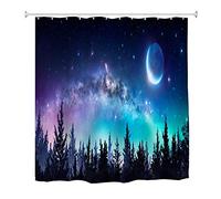 A.Monamour Voie Lactée Galaxie Ciel Étoilé Lune Dans La Nuit Enchanté Forêt Abstrait Nature Fond Imperméable À L'Eau Polyester Tissu Rideau De Douche Pour Salle De Bain Baignoire Accessoires 150x180cm