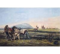 A Parley. Prepared for an Urency. Les chasseurs blancs courent dans une bande d'Amérindiens dans les plaines. Les leaders des deux côtés sortent pour conférer. D'après une œuvre de James Cameron