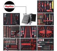 Mephisto Servante d'atelier avec 9 tiroirs, dont 9 tiroirs avec outils tels que clé, cliquet avec boîte à noix, incrustations souples aspect carbone