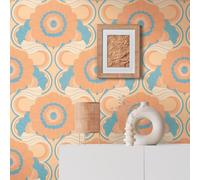 Papier Peint Floral Dans Un Style Rétro - Beige, Turquoise, Orange