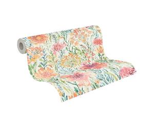 A.S. Création papier peint fleuri en multicolore, blanc, rouge, orange, vert - papier peint intissé haut de gamme floral 396951 - papier peint design peint sur 10,05m x 0,53m - Made in Germany