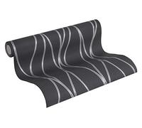 Papier Peint Lignes Ondulées Verticales, Effet Métallique - Noir, Argent, Gris