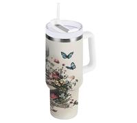 A Skeleton Reading with Flowers and Butterflies Bouteille d'eau en acier inoxydable avec sangle - Réutilisable - Anti-déversement - Pour école, sport, garderie, camping et plus encore - 1200 ml