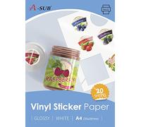 A-SUB Papier autocollant en vinyle imprimable imperméable de qualité supérieure blanc brillant, étiquettes autocollantes en vinyle pour imprimantes à jet d'encre, format A4, 20 feuilles