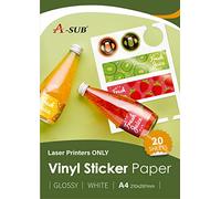 A-SUB Papier autocollant en vinyle imprimable imperméable de qualité supérieure blanc brillant, étiquettes autocollantes en vinyle pour imprimantes Laser, format A4, 20 feuilles