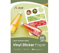 A-SUB Papier autocollant en vinyle imprimable imperméable de qualité supérieure blanc brillant, étiquettes autocollantes en vinyle pour imprimantes Laser, format A4, 100 feuilles