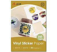 A-SUB Papier autocollant en vinyle imprimable imperméable de qualité supérieure blanc mat, étiquettes autocollantes en vinyle pour imprimantes à jet d'encre, format A4, 100 feuilles