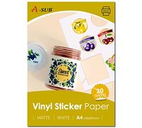 A-SUB Papier autocollant en vinyle imprimable imperméable de qualité supérieure blanc mat, étiquettes autocollantes en vinyle pour imprimantes à jet d'encre, format A4, 20 feuilles