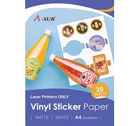A-SUB Papier autocollant en vinyle imprimable imperméable de qualité supérieure blanc mat, étiquettes autocollantes en vinyle pour imprimantes Laser, format A4, 20 feuilles