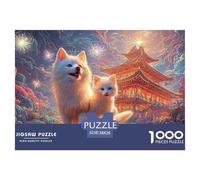 A White Ca and Dog with Blue Eyes 1000 Pièces Puzzles Oriental Architecture Défiant Et Éducatif Puzzle pour Adultes Et Enfants Jeu De Défi Difficile 38x26cm/1000pcs