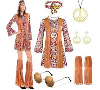 A.Y.LOTUS Costume hippie pour femme - Costume de carnaval - Robe hippie des années 60 - 70 - 9 pièces - XL