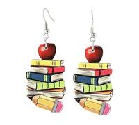 A-yeite Boucles d'oreilles pendantes sur le thème du livre pour femme en acrylique avec breloque pomme mignonne - Cadeau pour enseignant, lecteur, amateurs de livres, bibliothécaire, One Size
