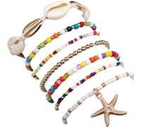 A-yeite Lot de 7 bracelets colorés en perles de coquillage et étoile de mer pour femme - Style bohème hawaïen - Coquillage - Perles de riz - Accessoires de bijoux d'été et de plage, Adjustable, Zinc