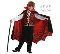 A022A Costume de vampire, pour enfant, garçon, Halloween, cape, noir, pour enfants, mors de vampire, tatouage, fête à thème, Dracula, cosplay, fête