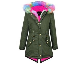 A2Z 4 Kids Doudoune Fille Fausse Fourrure Capuche Bicolore 3D Délavé Mode Élégant Vestes École Col Montant Boutonné Matelassé Rembourré Chaud Épais Manteaux Nouveau Âge 5-13 Ans