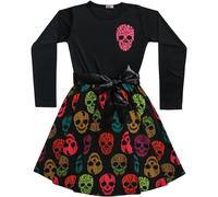 A2Z 4 Kids Filles Patineuse Multicolore Imprimé Crânes Lambrissé Halloween Robe