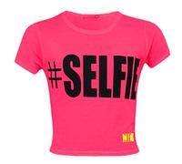 A2Z 4 Kids Filles #Selfie Crop Top Sport Manches Courtes T Shirts Léger Doux - #Selfie Crop Top Neon Pink 7-8
