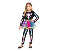 A2Z 4 Kids Filles Squelette Imprimé Halloween Onesie Costume avec Fixé Arc-en-Ciel Couleur Jupe - Skelegirl Onesie 933 Black._6-8