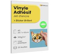 A3 x 25 Feuilles Autocollant Vinyle Brillant avec liner Plastique, Papier adhésif imprimable Jet d'Encre Étanche et Résistant pour stickers premium