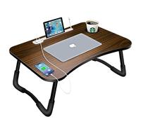 A3A ACADGQ Table de Lit Pliable, Support Ordinateur Portable Avec 4 Ports USB/Tiroir/Fente pour Tasse/Tablette, Plateau pour Canapé, Sol (60x40cm, Marron)