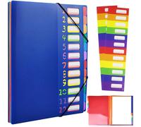 A4 Folder 12 Compartment-Waterproof Polypropylene School Bag With Zipper & Colorful Labels-Portable Organizer For School/Office-Blue