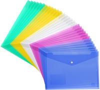 A4 Plastic Document Wallets-Pack Of 30-Clear Document Wallets With Press Stud Closure-Reusable & Multi-Coloured Plastics With Paper Storage Pockets