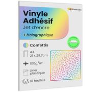 A4 x 10 Feuilles Autocollant Vinyle Holographique avec liner Plastique, Papier adhésif compatible imprimante jet d'encre et plotter, étanche et résistant pour Stickers premium (Confettis)