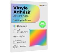 A4 x 10 Feuilles Autocollant Vinyle Holographique avec liner Plastique, Papier adhésif compatible imprimante jet d'encre et plotter, étanche et résistant pour Stickers premium (Rainbow)