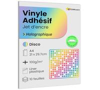 A4 x 10 Feuilles Autocollant Vinyle Holographique avec liner Plastique, Papier adhésif compatible imprimante jet d'encre et plotter, étanche et résistant pour Stickers premium (Disco)