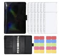 A6 classeur coloré main grand livre laser macaron PU cahier de budget de trésorerie avec 12 pièces de classeur A6 poche classeur sac 6 anneau fermeture à glissière (laser noir)