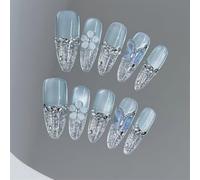 A77-L Lot de 10 faux ongles à presser faits à la main en amande avec motif papillon floral pour femmes et filles