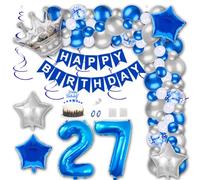 Aabellay Décorations de fête d'anniversaire 27 ans - Bannière bleue « Happy Birthday » - Ballons confettis en latex en forme de chiffre 27 - Ballon en aluminium argenté - Couronne et étoile - Pour
