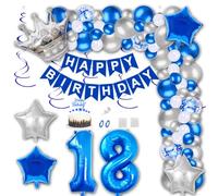 Aabellay Décorations de fête d'anniversaire pour 18e anniversaire - Bannière bleue « Happy Birthday » - Ballons confettis en latex en forme de chiffre 18 - Ballon en aluminium argenté et étoile -