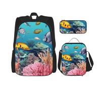 AABSTBFM Dark Hedges Ensemble de 3 sacs à dos d'école avec sac à déjeuner et trousse à crayons Motif Irlande du Nord, Corail et poissons de mer, Taille unique, Sacs à dos de jour