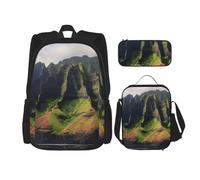 AABSTBFM Dark Hedges Ensemble de 3 sacs à dos d'école avec sac à déjeuner et trousse à crayons Motif Irlande du Nord, Coast Kauai Mountain Falaise, Taille unique, Sacs à dos de jour