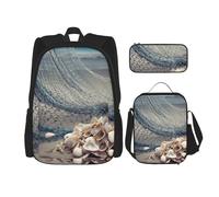 AABSTBFM Ensemble de 3 pièces avec sac à déjeuner et trousse à crayons Motif tournesols au lever du soleil, Filet de pêche en coquillage, Taille unique, Sacs à dos de jour