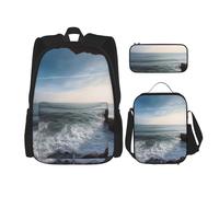 AABSTBFM Ensemble de 3 pièces avec sac à déjeuner et trousse à crayons, sac à dos d'école, sac à dos de voyage, sac d'école, Vue sur la mer., Taille unique, Sacs à dos de jour