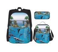 AABSTBFM Ensemble de 3 pièces avec sac à déjeuner et trousse à crayons, sac à dos d'école, sac à dos de voyage, sac d'école, Sea World, Taille unique, Sacs à dos de jour
