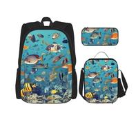 AABSTBFM Ensemble de 3 pièces avec sac à déjeuner et trousse à crayons, sac à dos d'école, sac à dos de voyage, sac d'école, Poissons de mer., Taille unique, Sacs à dos de jour