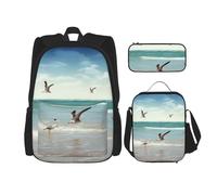 AABSTBFM Ensemble de 3 sacs à dos d'école avec sac à déjeuner et trousse à crayons - Motif libellule noire, Oiseaux de mer de, Taille unique, Sacs à dos de jour