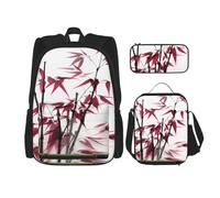 AABSTBFM Ensemble de 3 sacs à dos d'école avec sac à déjeuner et trousse à crayons - Motif libellule noire, Tiges de bambou cerise, Taille unique, Sacs à dos de jour