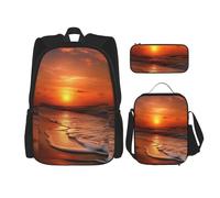 AABSTBFM Ensemble de 3 sacs à dos d'école avec sac à déjeuner et trousse à crayons, sac à dos de voyage avec motif pierre rouge brique, Plage Sunrise Orang Sea, Taille unique, Sacs à dos de jour