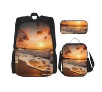 AABSTBFM Ensemble de 3 sacs à dos d'école avec sac à déjeuner et trousse à crayons, sac à dos de voyage avec motif pierre rouge brique, Plage Sunset, Taille unique, Sacs à dos de jour