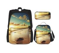 AABSTBFM Ensemble de 3 sacs à dos d'école avec sac à déjeuner et trousse à crayons, sac à dos de voyage avec motif pierre rouge brique, Plage coucher de soleil tranquille, Taille unique, Sacs à dos de