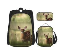 AABSTBFM Ensemble sac à dos d'école imprimé bébé cerf avec sac à déjeuner et trousse à crayons, sac à dos de voyage 3 pièces, Bébé cerf, Taille unique, Sacs à dos de jour