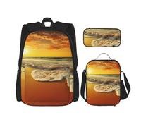 AABSTBFM Ensemble sac à dos d'école imprimé feuilles dorées avec sac à déjeuner et trousse à crayons, sac à dos de voyage 3 pièces, Golden Beach Sea, Taille unique, Sacs à dos de jour