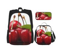 AABSTBFM Ensemble sac à dos d'école imprimé feuilles dorées avec sac à déjeuner et trousse à crayons, sac à dos de voyage 3 pièces, Cerise fraîche, Taille unique, Sacs à dos de jour